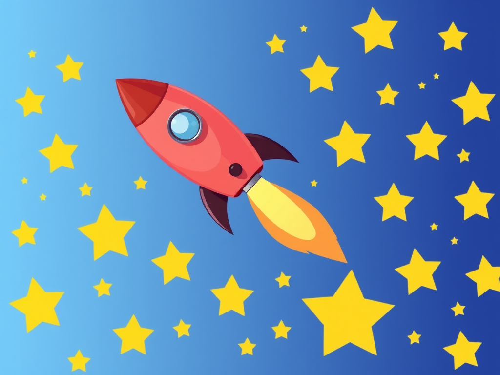 Create an image of a cartoon rocket launching into space against a gradient blue background filled with yellow stars, using a digital illustration style with a high resolution of 300 DPI, a focal length of 50mm, and soft lighting effects to enhance details.