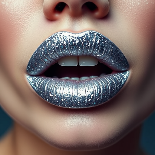 Glittery silver lips with a futuristic, space-age vibe, perfect for avant-garde fashion shoots or editorial makeup looks