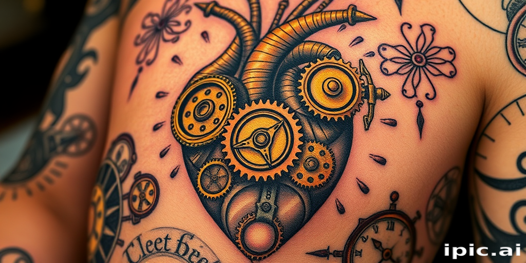 Steampunk tattoo titled "Clockwork Heart" showcasing an intricate mechanical heart with gears, cogs, and brass components, blending Victorian-era aesthetics with futuristic elements in a unique and imaginative design