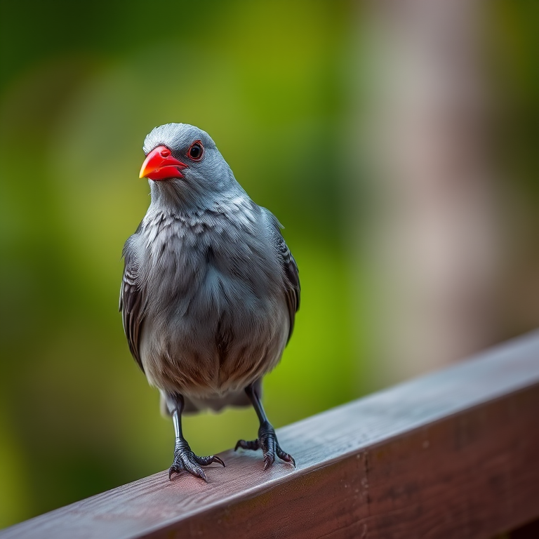 Capture a close-up of a gray bird with a bright red beak perched on a wooden railing, using a Canon EOS R5 with a 85mm f/1.2 lens, set to ISO 100, aperture f/2.8, shutter speed 1/500s, and natural daylight for vibrant colors and sharp detail.
