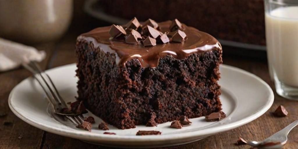 Create an image of a decadent chocolate cake topped with chunks of rich brownies and a glossy chocolate ganache. The cake should have a dark, crumbly crust and be presented on a simple plate. Include a few small containers of milk in the background for a cozy, inviting atmosphere.