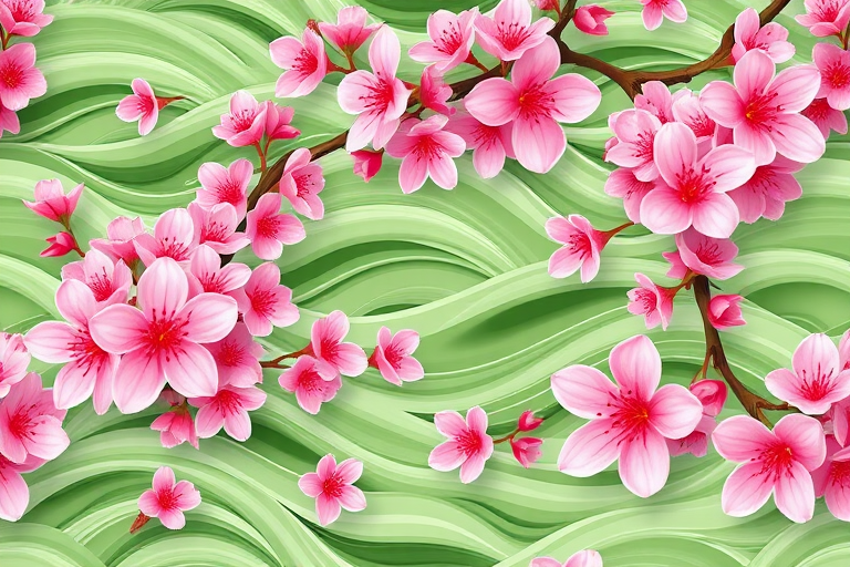 Create a seamless floral pattern with pink cherry blossoms on flowing green waves, photographed with a DSLR camera at f/8 aperture, 50mm lens, ISO 100, in daylight to enhance clarity and color vibrancy.