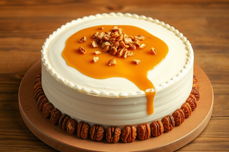 Create an image of a round cake with a smooth white frosting decorated with a caramel topping and chopped nuts on top. The cake should have a decorative piped edge on the top and a border of whole pecans around the base. The background should be a simple wooden table.