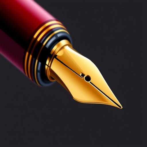 create a digital illustration of a fountain pen with a maroon barrel and gold accents, capturing the pen in a close-up view to highlight its shine and details, using a high-resolution setting of 300 DPI, aperture set to f/2.8 for a shallow depth of field, and a focus on the nib to enhance clarity, produced with a DSLR camera.