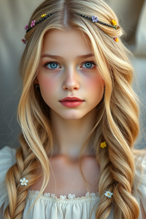 Create an image of a young woman with long, wavy blonde hair, adorned with small, colorful flowers woven into her braids and loose strands. Her complexion is fair, with soft, glowing skin, and she has light blue eyes that gaze softly at the viewer. She wears a light, flowing dress with a gentle, ethereal quality, complementing her delicate and serene appearance. The background is slightly blurred, drawing focus to her tranquil expression and the intricate details of the flowers in her hair. The overall mood of the image is one of natural beauty and grace, evoking a sense of peacefulness and connection with nature.