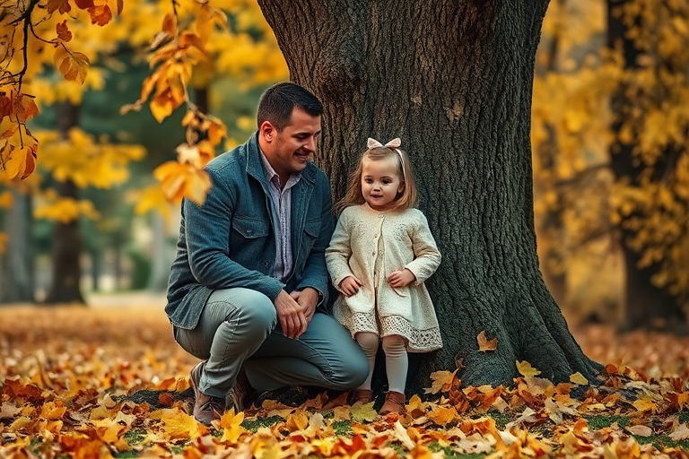 Autumn scene with a man kneeling next to a young girl by a tree, surrounded by golden leaves, soft focus, DSLR camera, f/2.8 aperture, 50mm lens, ISO 200, natural light.