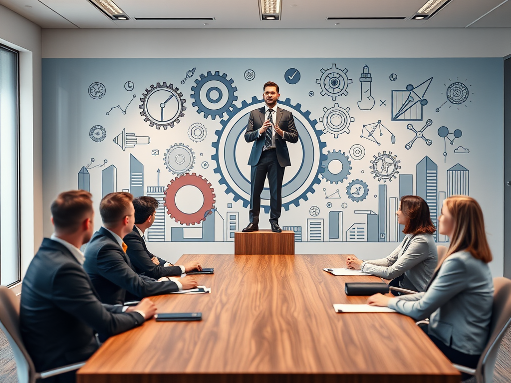 Create an image of a business meeting scene with a confident speaker standing on a box in front of an illustrated backdrop of gears and business concepts, surrounded by attentive colleagues seated at a meeting table, in a modern office setting, using a Canon EOS R5 with a 24-70mm f/2.8 lens at f/4, ISO 100, 1/125 sec, wide-angle view, soft lighting for a professional atmosphere.
