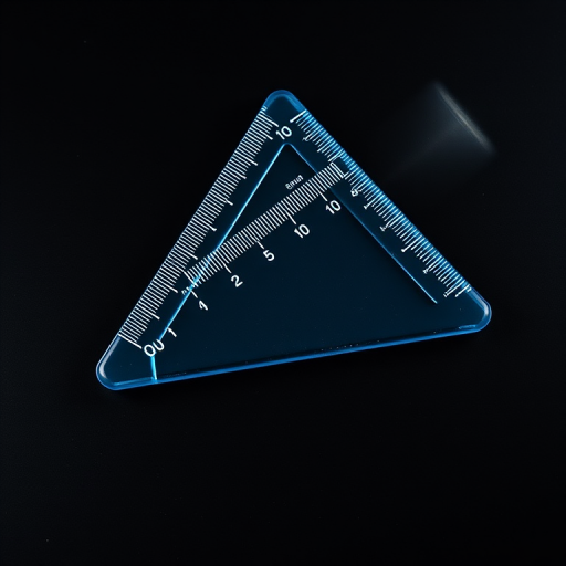 Create an image of a transparent blue triangular ruler on a black background with a high-resolution setting of 300 DPI, shot from a top-down view using a macro lens, with a focus on clarity and detail.