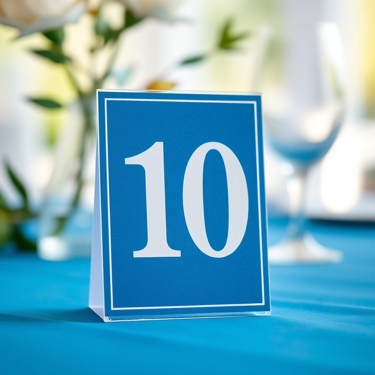 Create a close-up shot of a table number sign featuring the number 10 on a blue background, captured with a DSLR camera at f/1.8 aperture, ISO 200, shutter speed 1/60 sec, in natural light to enhance clarity and detail.