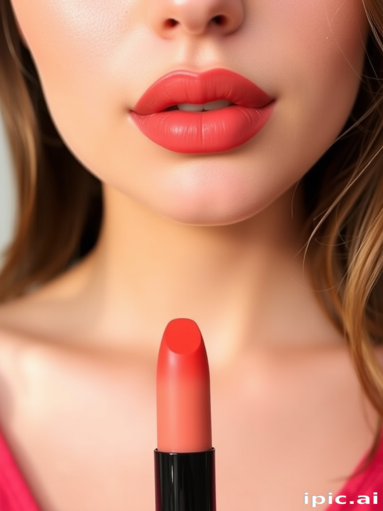 Ombre gradient lip tint "Sunset Haze" blending from soft peach to deep orange, creating a natural-looking flush effect, buildable and blendable for customizable intensity