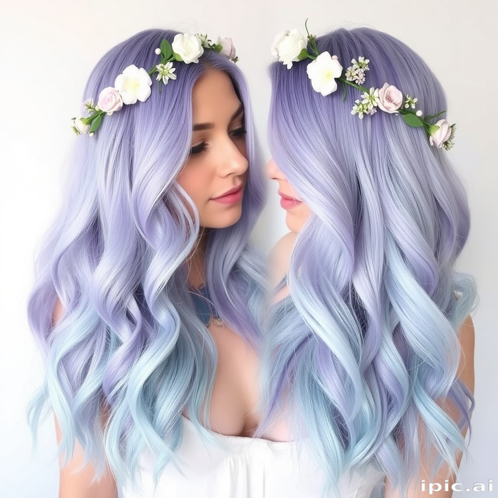Luscious lavender ombre fading into soft pastel blue, styled in loose beachy waves with delicate flower crown accents, evoking a dreamy ethereal look named Twilight Bloom