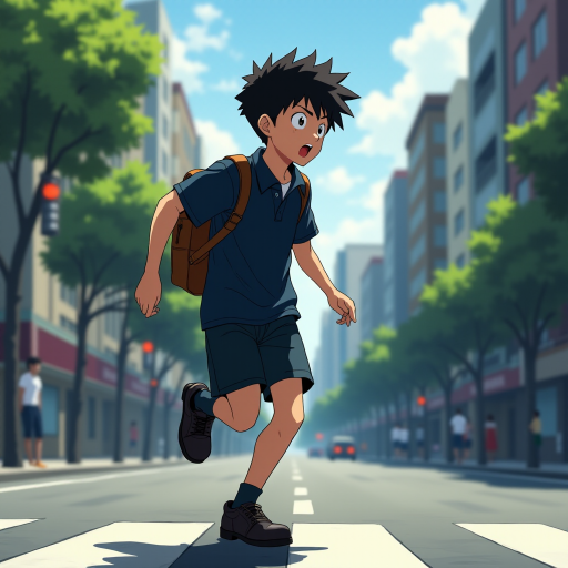 In the Japanese boondocks photorealistic anime, the camera focuses on strong muscular sideview of 9 year old boy his perfect face conveys powerful mighty passion, wearing black school dress-shoes, wearing dark blue matching school uniform. he runs lightly across wide busy city street. with stoplights in backdrop, The animation highlights the dynamic of the boy's clothes and hair blowing in the wind as he moves around, wearing leather backpack,