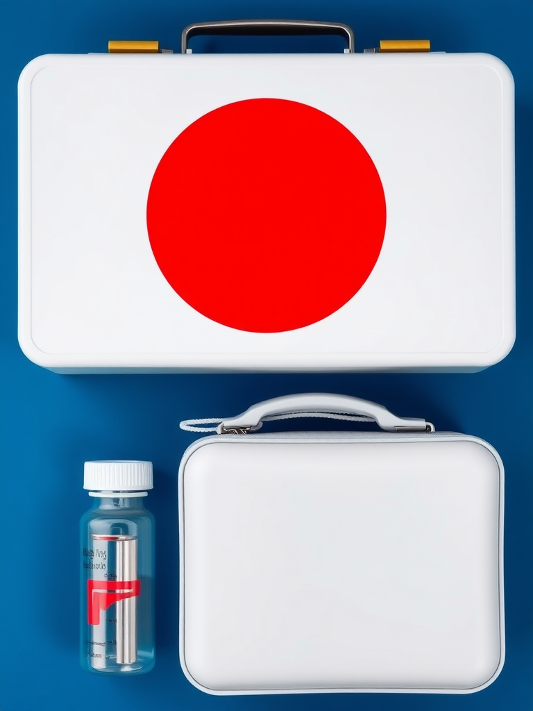 Create a high-resolution image of a medical kit, ensuring a minimalist design with a prominent red cross symbol on a blue background, captured with a DSLR camera using a 50mm lens, aperture f/2.8, ISO 100, and a soft focus style for a modern look.