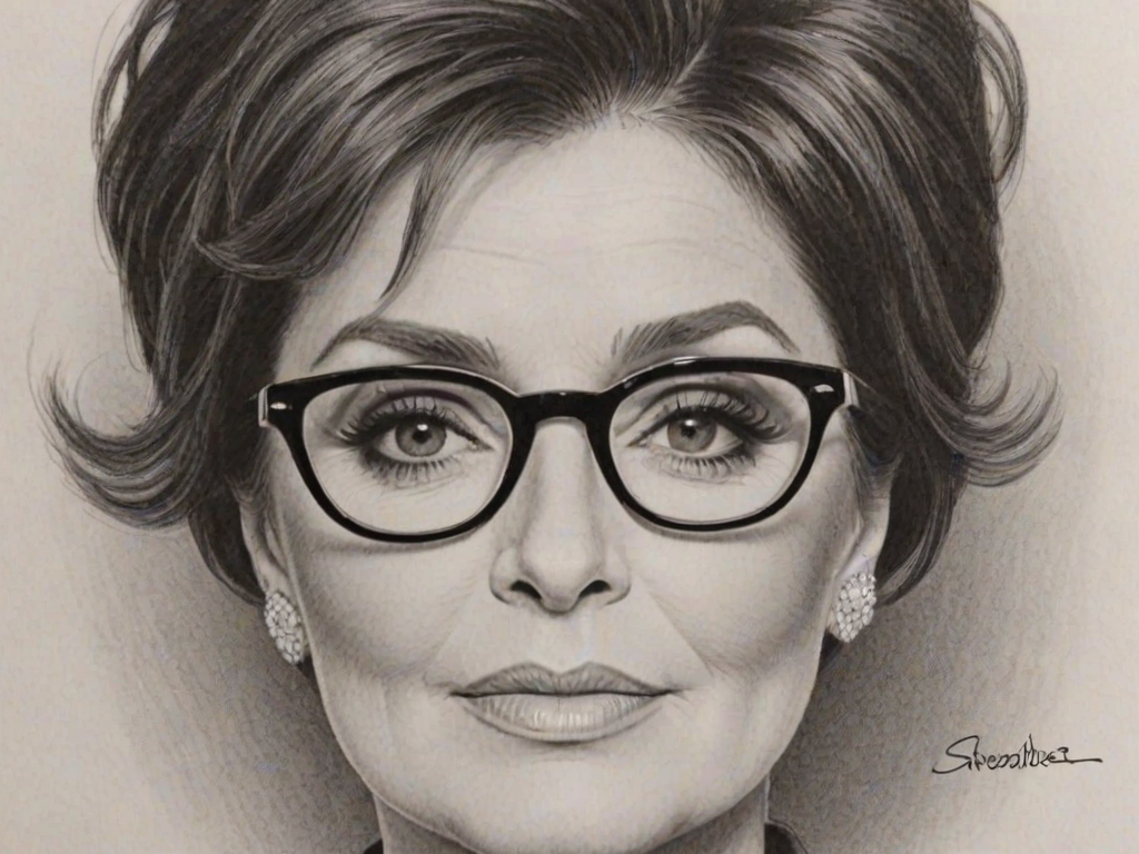 Dazzling Sharon Osbourne, pencil sketch, portrait of Splendid woman 1962s in glasses, hair style beatnik, outline, clear lines, fine lines, 8k