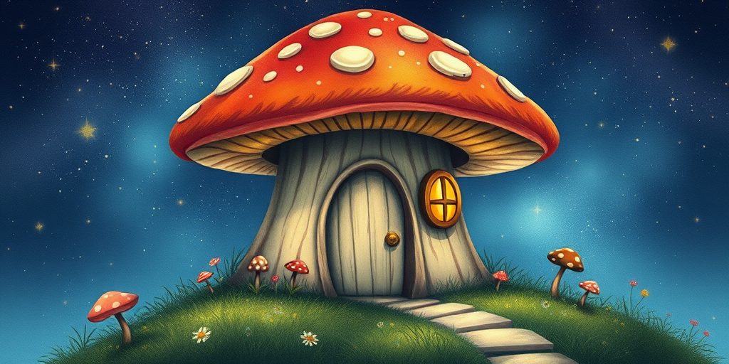 this photo is illustration of a mushroom house with a door and a window, a storybook , fantasy art, mushroom house, bg starry sky, sparkles