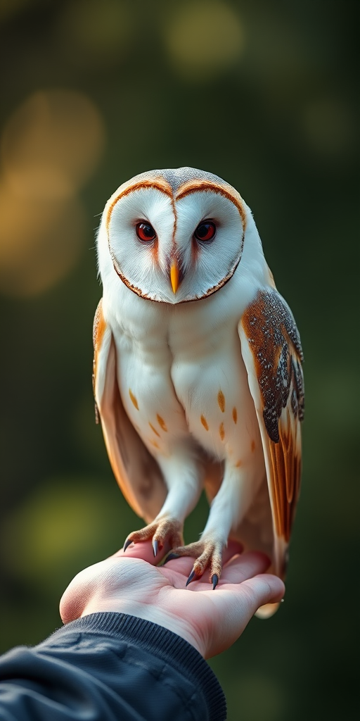 A barn owl perched on a hand, natural light, shallow depth of field, 50mm lens, f/2.8, ISO 200, soft bokeh background, DSLR camera.