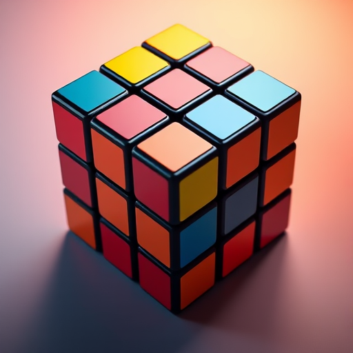 a highly detailed 3D rendering of a Rubik's Cube with vibrant colors and shadows, using a Canon EOS R5, f/8 aperture, 1/125 sec shutter speed, ISO 100, 50mm lens, overhead view, soft studio lighting