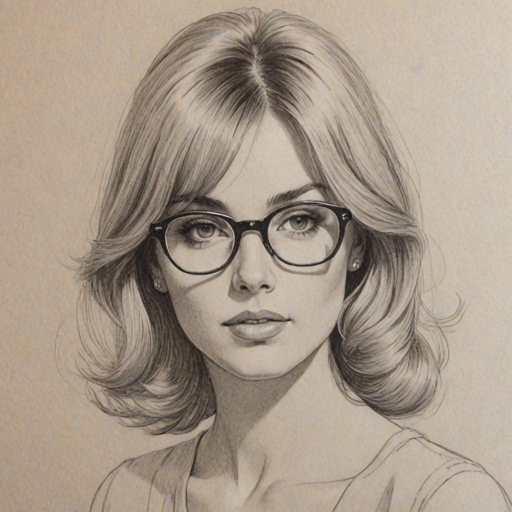 Dazzling Courtney Peldon, pencil sketch, portrait of Attractive woman 1967s in glasses, hair style beatnik, outline, clear lines, fine lines, 8k
