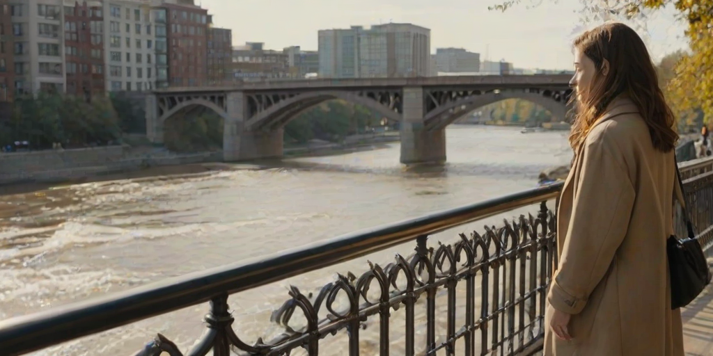 Busy city bridge at rush hour, cars and bicycles rushing by, a woman stands at the railing, watching the river flow beneath, her coat flapping in the breeze.