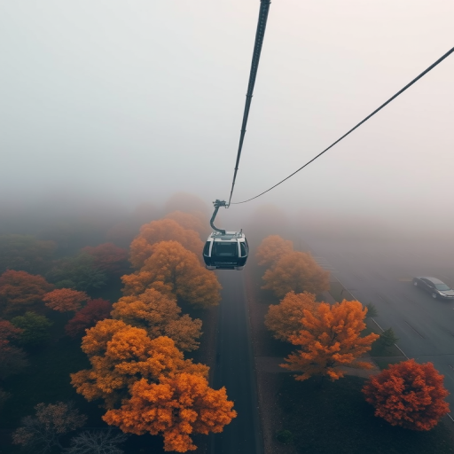 Aerial view of a cable car moving through fog over autumn-colored trees with a parking lot in the background, captured with a Canon EOS R5, 24mm lens, f/4 aperture, ISO 100, 1/250s shutter speed, in a landscape photography style.