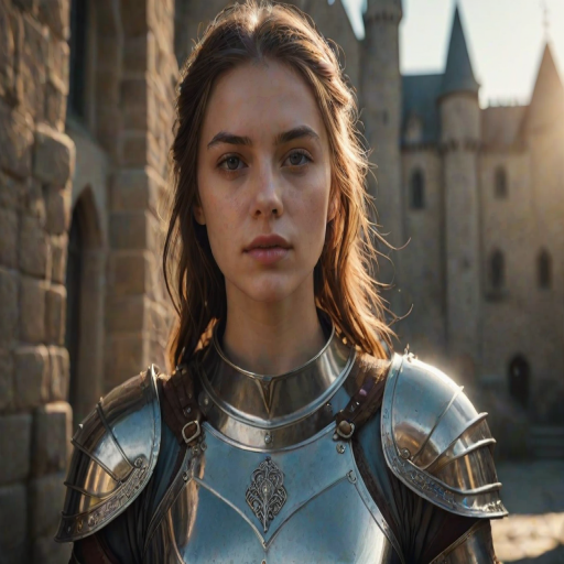 portrait of a girl, the most beautiful in the world, (medieval armor), metal reflections, upper body, outdoors, intense sunlight, far away castle, professional photograph of a stunning woman detailed, sharp focus, dramatic, award winning, cinematic lighting, octane render, unreal engine, volumetrics dtx, (film grain, bokeh, blurry foreground, blurry background), crest on chest