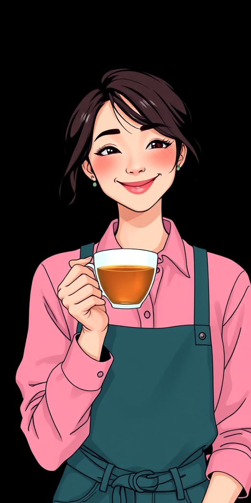 Create a digital illustration of a woman in a pink shirt holding a cup of tea with a playful expression, set against a solid black background, using a 50mm lens, f/1.8 aperture, and soft lighting to enhance details and colors.
