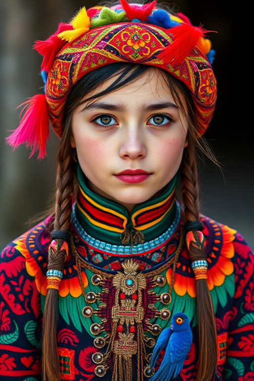 A beautiful Kazakh girl, wearing colorful bird clothing with vibrant colors