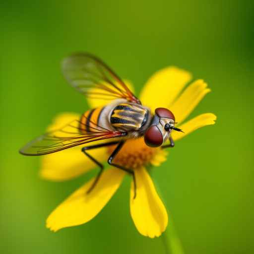 macro shot of a hoverfly on a bright yellow flower with a blurred green background, aperture f/2.8, shutter speed 1/250s, ISO 200, taken with a DSLR camera using a 100mm macro lens, natural soft lighting