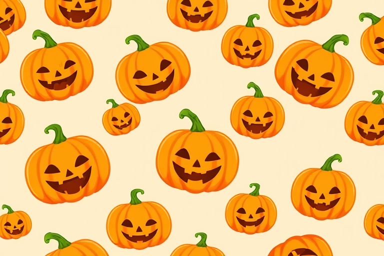 Create a pattern featuring cartoon-style pumpkins with smiling and mischievous expressions scattered evenly on a light beige background. The pumpkins should be bright orange with green stems and should vary slightly in size and orientation.