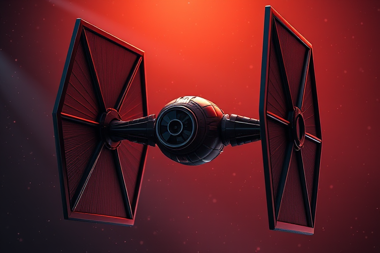 create a high-resolution 3D render of a TIE fighter with dramatic lighting, wide-angle lens, f/8 aperture, ISO 100, utilize a cinematic composition style, using a digital camera and rendering software for enhanced detail and realism