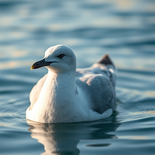 A close-up shot of a seagull floating on calm water, capturing the intricate details of its feathers, with soft natural lighting, ISO 200, f/4.5 aperture, 1/250 sec shutter speed, shot with a DSLR camera, using a 50mm lens for a shallow depth of field.