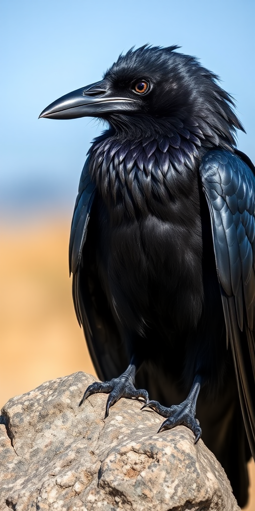 A highly detailed close-up of a raven perched on a rock, with a shallow depth of field, natural sunlight, using a DSLR camera, f/2.8 aperture, ISO 100, 50mm lens, capturing vibrant colors and sharp textures.