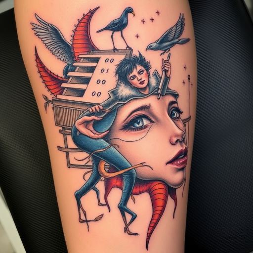 Surrealist tattoo named "Dream Fusion" combining disparate elements in unexpected ways creating a dreamlike scene with distorted perspectives and impossible juxtapositions