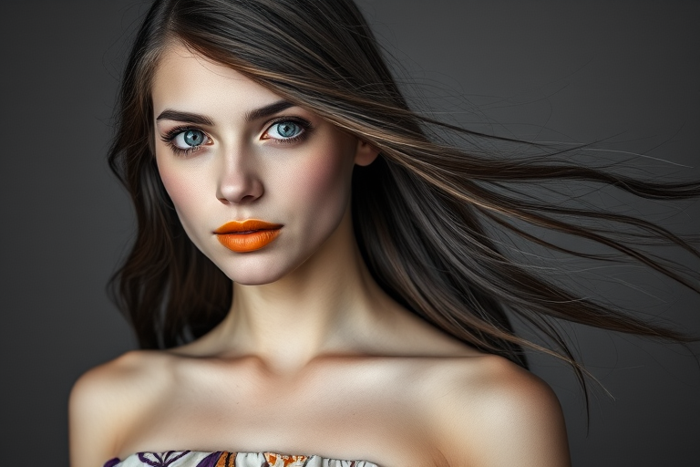 Photographic image of a beautiful young First Nations woman, blue eyes, lips with Yellow lipstick, long hair fluttering in the wind and wearing a silk strapless dress with a soft purple and orange print. monochrome image with only color highlights in the iris of the eyes, lipstick and dress. Gray background.