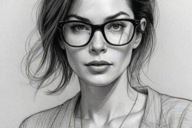 Pleasing Lara Flynn Boyle, pencil sketch, portrait of Bewitching woman 1969s in glasses, hair style beatnik, outline, clear lines, fine lines, 8k