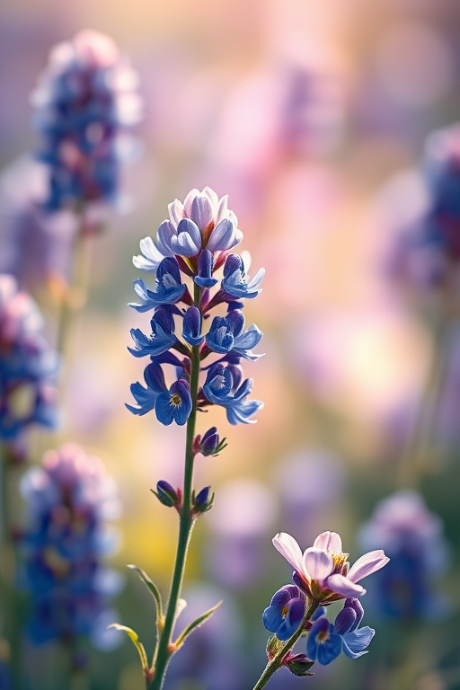 Create a vibrant and detailed illustration of bluebonnet flowers in a soft, dreamy background with bokeh effects, taken with a DSLR camera at f/2.8, ISO 100, 50mm lens, in macro view to enhance color richness and sharpness.