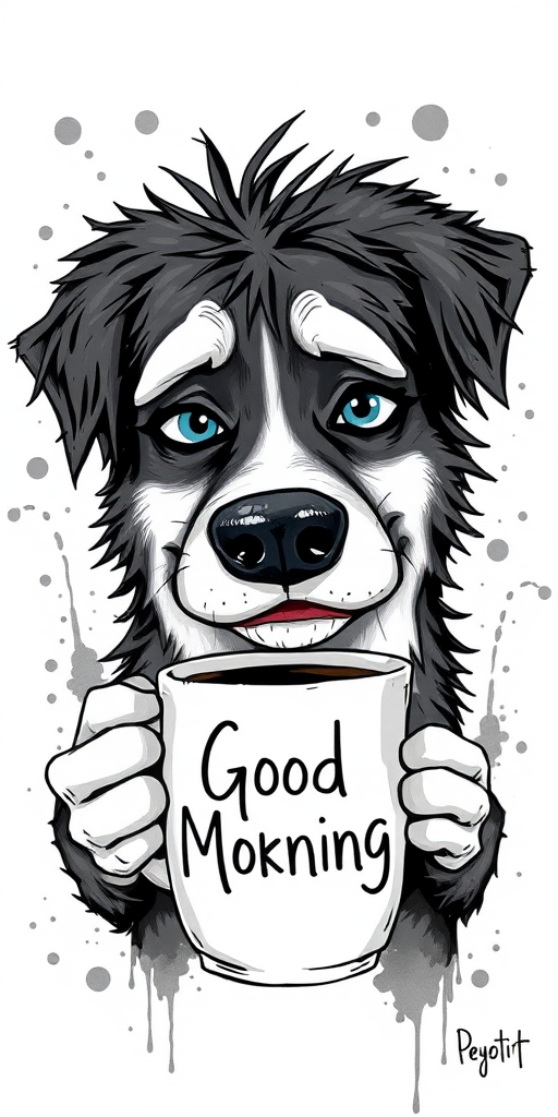 A quirky, artistic illustration of a disheveled greater swiss mountain dog with exaggerated, large eyes and spiky fur, holding a coffee mug that reads "Good Morning". The dog has a tired but humorous expression, with ink splatters and abstract details surrounding it, giving a whimsical feel to the image. The color palette is mostly monochrome with hints of blue in the eyes and steam rising from the mug, enhancing the overall sleepy vibe