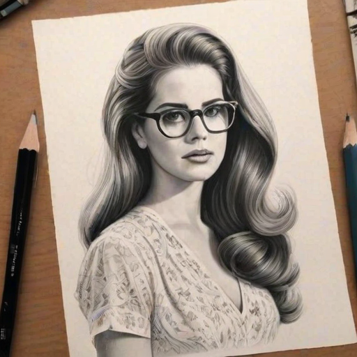 Alluring Lana Del Rey, pencil sketch, portrait of Resplendent woman 1930s in glasses, hair style beatnik, outline, clear lines, fine lines, 8k