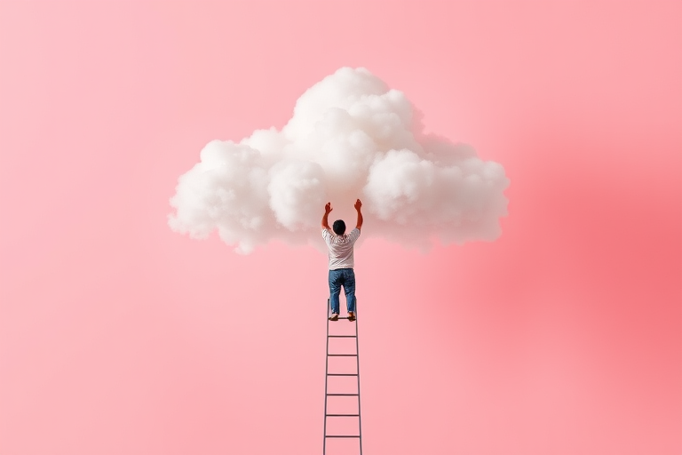 A person standing on a ladder reaching for a large cloud with a minimalist background, focus on vibrant colors and smooth shapes, shot with a DSLR camera, 50mm lens, f/2.8 aperture, ISO 100, natural lighting.