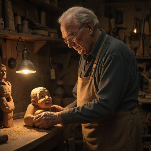Warmly lit image of an elderly man carving a wooden figure in a dimly lit workshop, soft glow from a nearby lamp casting shadows on his weathered hands, the smell of sawdust filling the air.