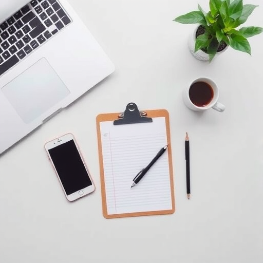 Create a flat lay composition of a modern workspace featuring a laptop, clipboard with notes, smartphone, coffee cup, and pen on a neutral background, shot with a Canon EOS R5 at f/2.8, ISO 100, 1/125s, using natural light for a clean and vibrant look.