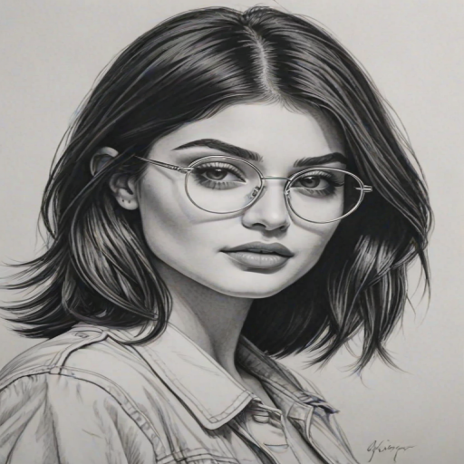 Stunning Kylie Jenner, pencil sketch, portrait of Attractive woman 1931s in glasses, hair style beatnik, outline, clear lines, fine lines, 8k