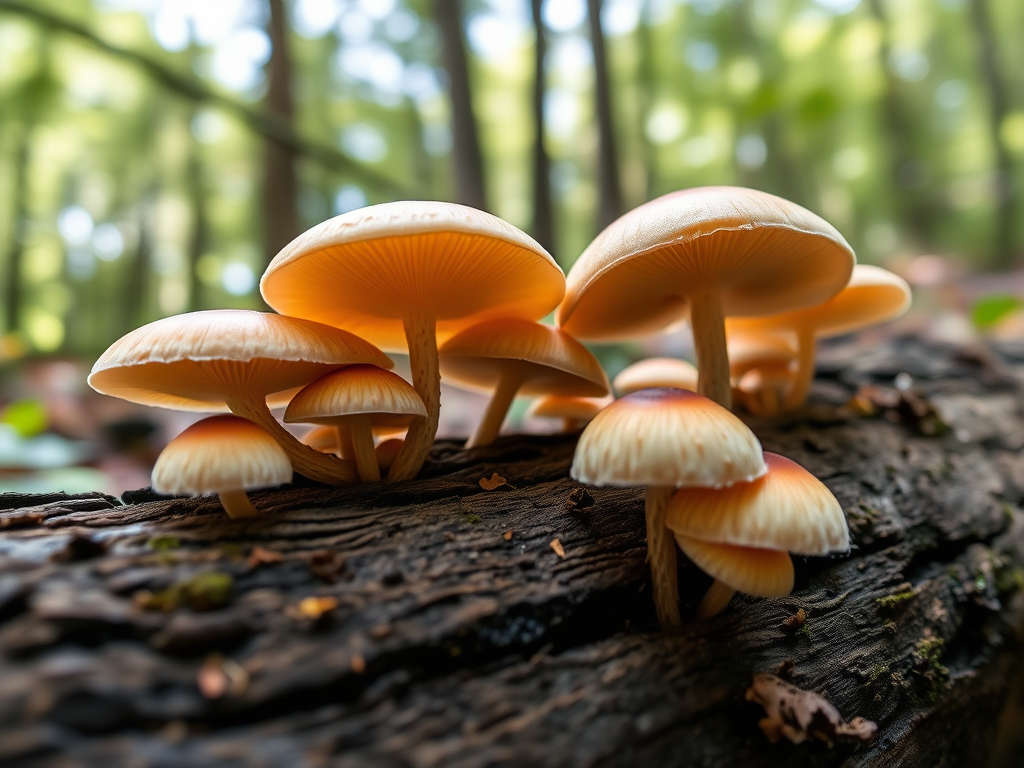 mushrooms growing on a log in a forest, close-up shot, macro photography, f/2.8 aperture, ISO 100, 1/200s shutter speed, natural sunlight, using a DSLR camera with a 100mm macro lens