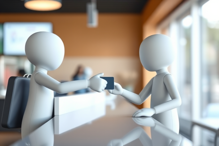Generate an image of two stylized human figures at a counter, one figure handing a card to the other, with high resolution 4K quality, f/2.8 aperture, 50mm lens, natural lighting, and a shallow depth of field.