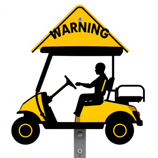 Regenerate an image of a golf cart warning sign featuring a silhouette of a person driving the cart, using a Canon EOS 5D Mark IV camera, 24-70mm lens, f/8 aperture, ISO 100, and a 1/125s shutter speed, with a clean white background for clarity and vivid yellow color.