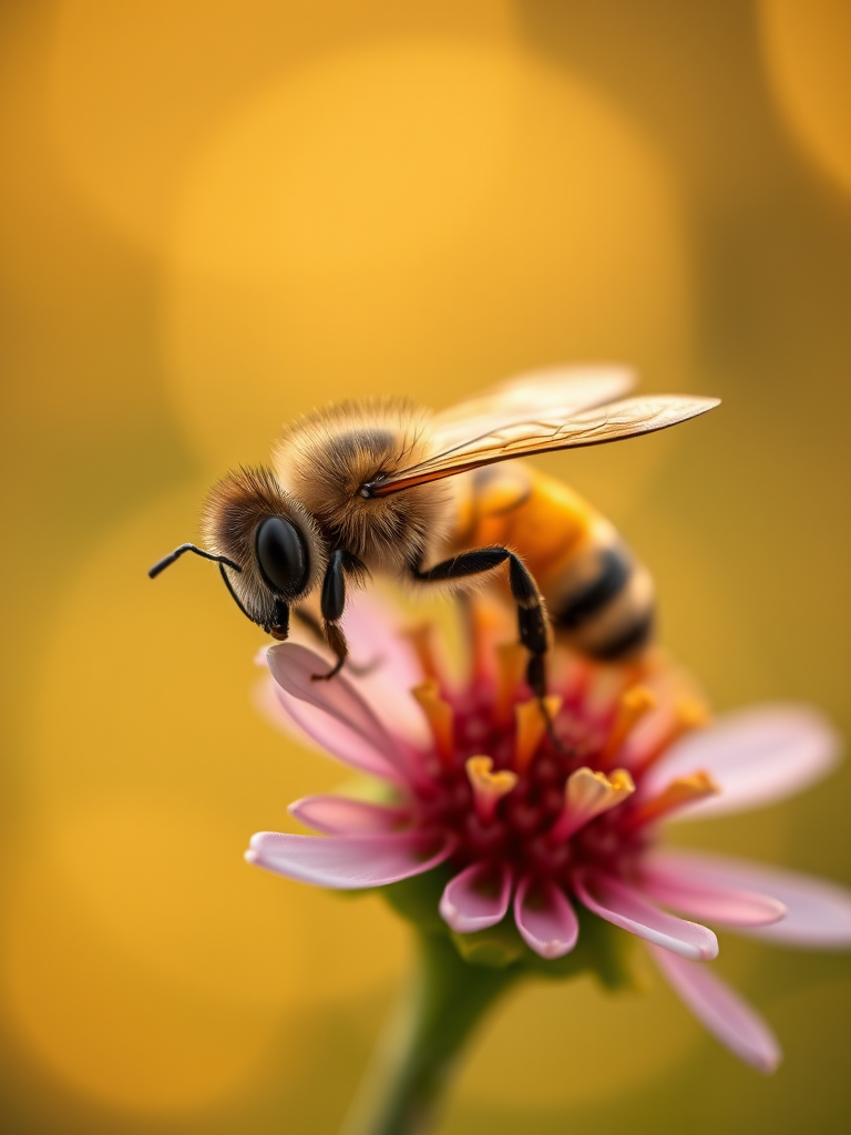 macro shot of a bee on a flower with golden bokeh background, aperture f/2.8, shutter speed 1/200s, ISO 100, side view, DSLR camera, soft focus technique