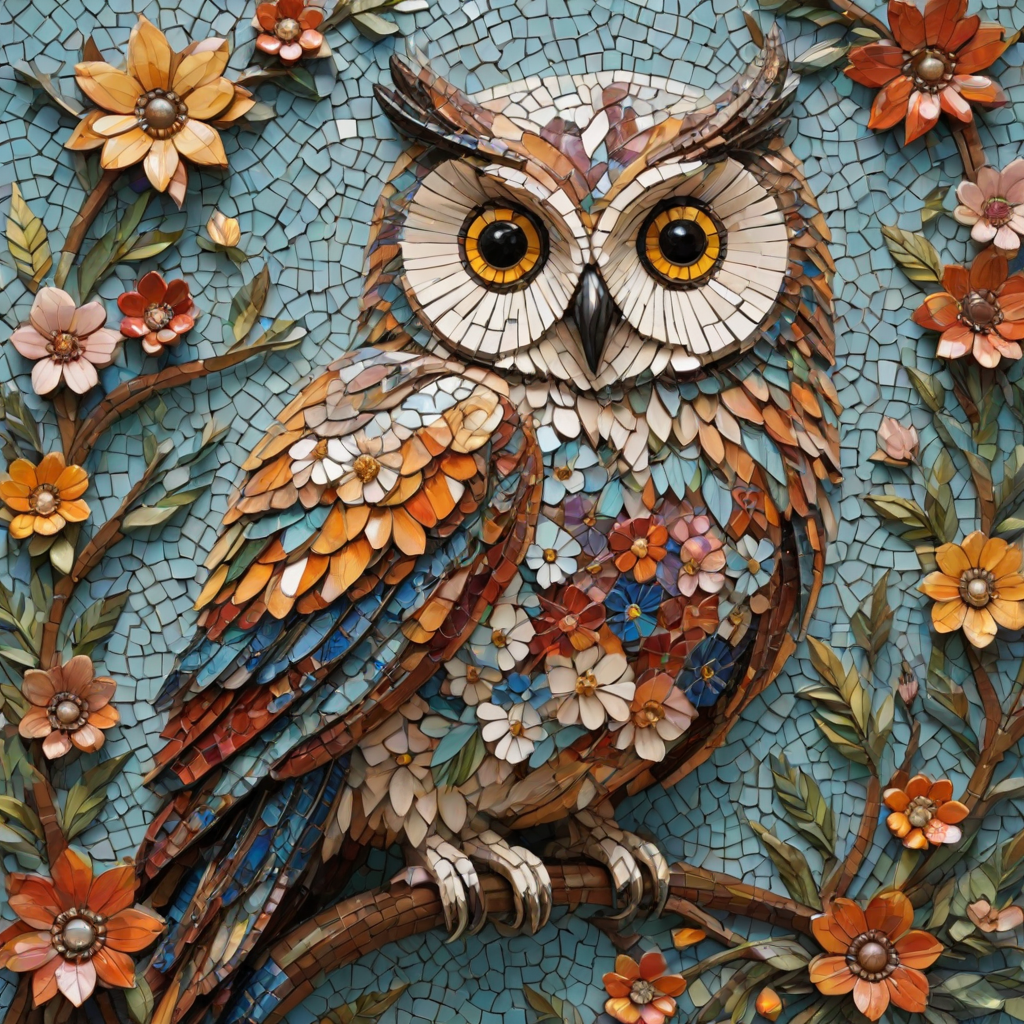 A mosaic of floral owls, one owl intricately composed of individual flower blossoms. The design showcases a delicate balance of nature and form, where the feathers of the owls are replaced by vibrant petals and blooms. The overall appearance is whimsical yet detailed, with each floral element contributing to the intricate patterns of the owl’s body. The artwork embraces a raw, organic style, with natural hues and soft textures, creating a harmonious blend of flora and fauna. The mosaic arrangement adds depth and visual intrigue to the piece, evoking a sense of wonder and artistic beauty.