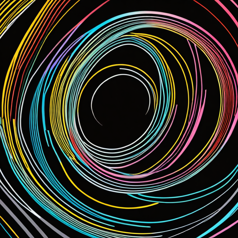 a colorful abstract drawing featuring several curved lines on a black ...