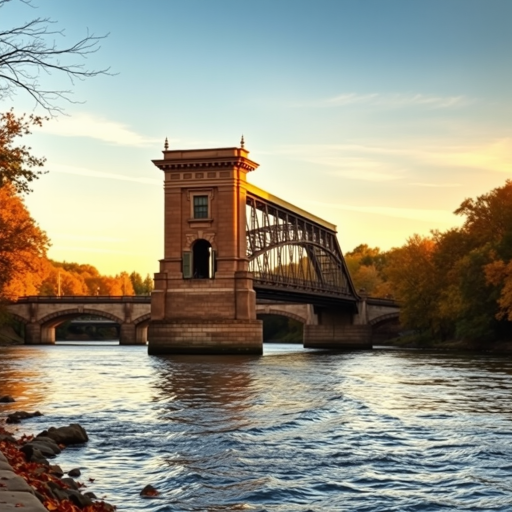 Capture a scenic view of a historic bridge over a calm river with autumn foliage, using a DSLR camera at f/8 aperture, 24mm lens, ISO 100, with a slight polarizing filter to enhance sky and water reflections, shot during golden hour.