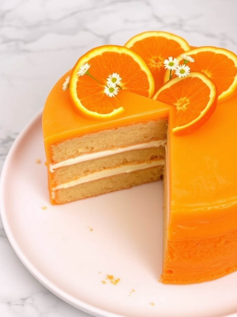 A beautifully decorated orange cake with layers visible inside the cake, topped with fresh orange slices and small white flowers, on a white plate with a marble background.